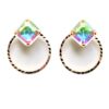 Colorful geometric earrings with gold accents.