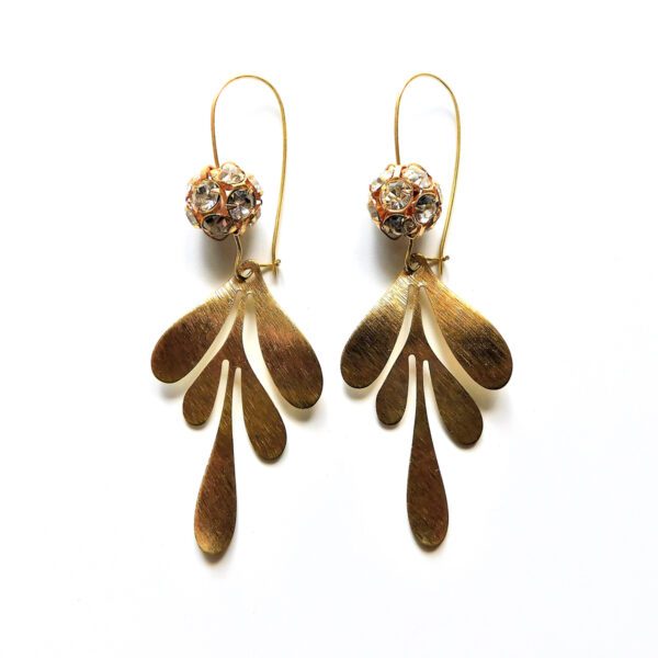 A pair of gold earrings with a ball and leaf design.