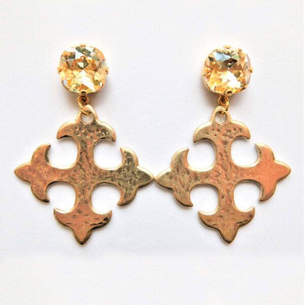 A pair of gold earrings with a cross on top.