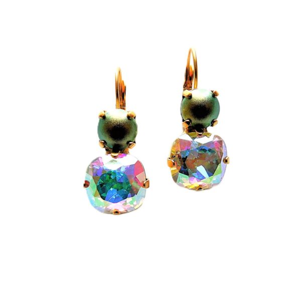 Colorful gemstone earrings with gold accents.