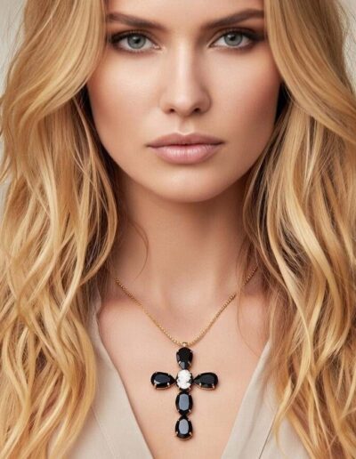 Blonde woman wearing black gemstone cross necklace