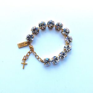 Crystal-studded gold bracelet with cross charm