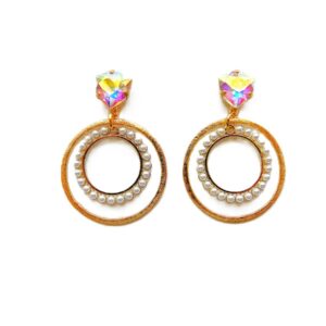 Gold hoop earrings with pearls and iridescent hearts