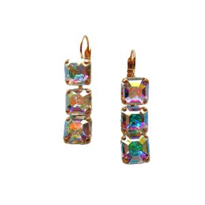 Triple-stack iridescent square crystal gold earrings