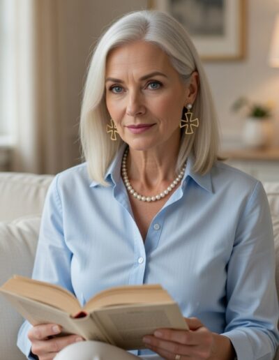 Elegant older woman reading book on sofa