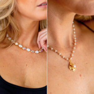 Side-by-side gemstone and pearl necklaces