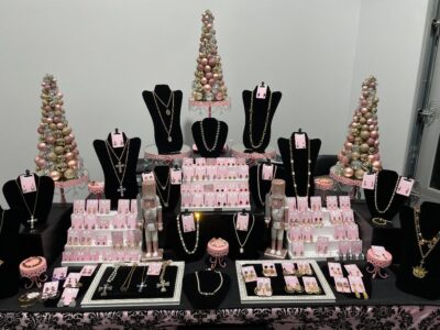 Pink and gold jewelry holiday display